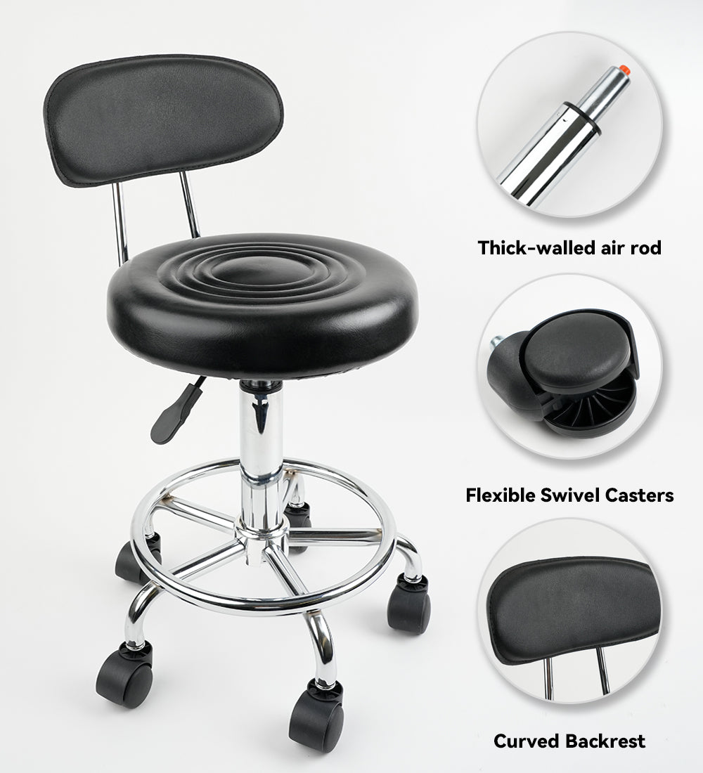 Adjustable Tattoo Artist Stool with Backrest, Hydraulic Rolling Salon Chair, 360° Swivel PU Leather Stool with Wheels for Tattoo Studio, Beauty Salon & Spa